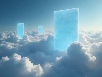 Three Glowing Rectangular Portals Floating Above Clouds