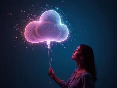 Woman Holding A Glowing Digital Cloud Balloon