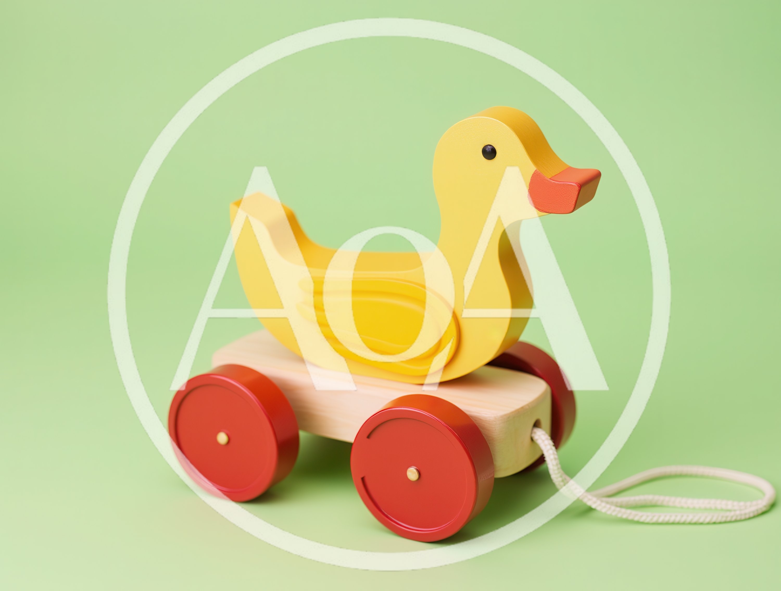 Wooden Duck Pull Toy on Green Background