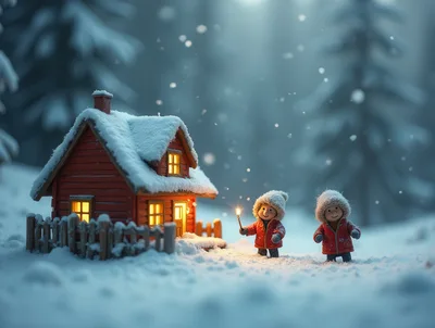 Two Children Playing With Sparklers Outside Snowy Cabin