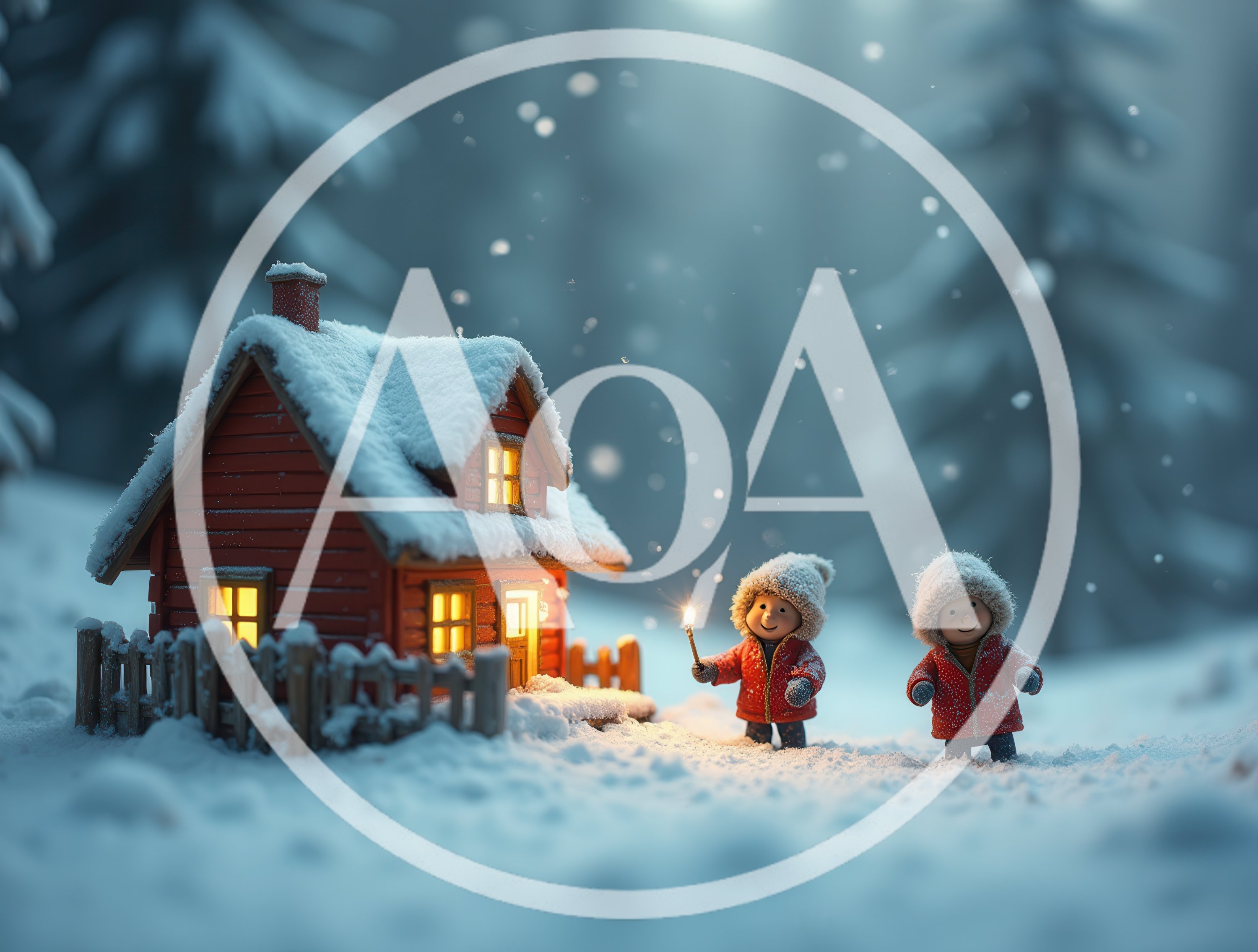 Two Children Playing With Sparklers Outside Snowy Cabin