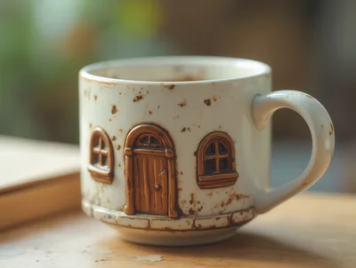 Ceramic Mug With House Design On Wooden Table