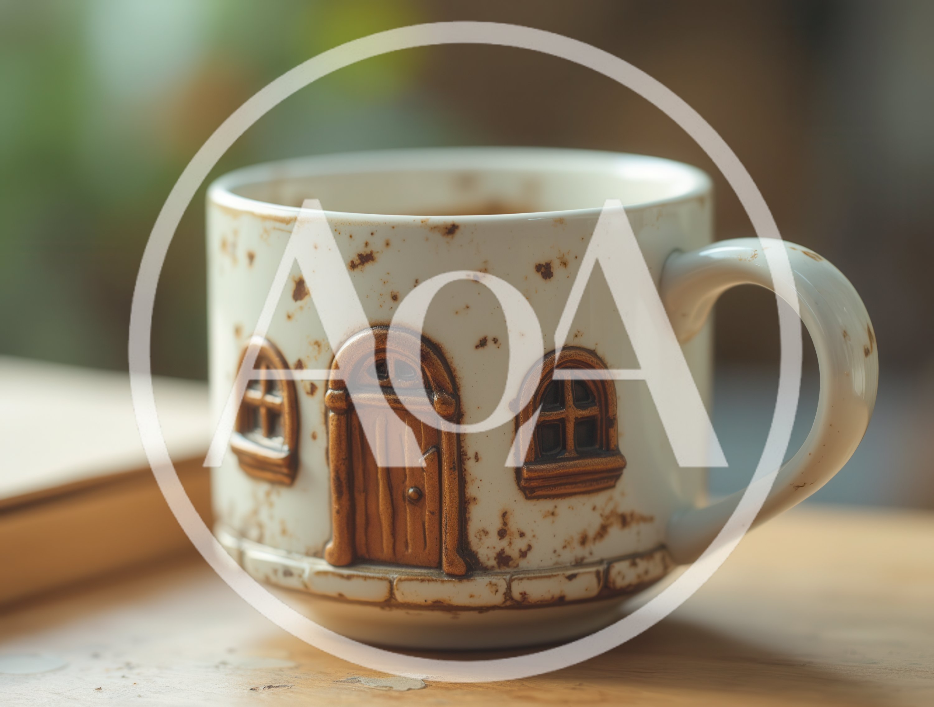 Ceramic Mug With House Design On Wooden Table