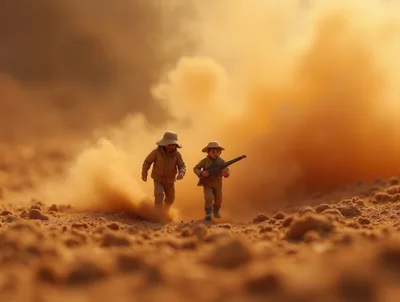 Miniature Soldiers Marching Through A Dusty Desert Landscape