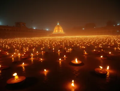 Thousands Of Glowing Oil Lamps At A Temple Festival