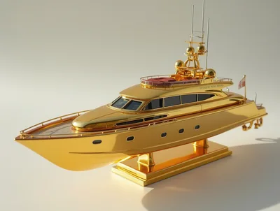 Golden Yacht Model On Display Stand