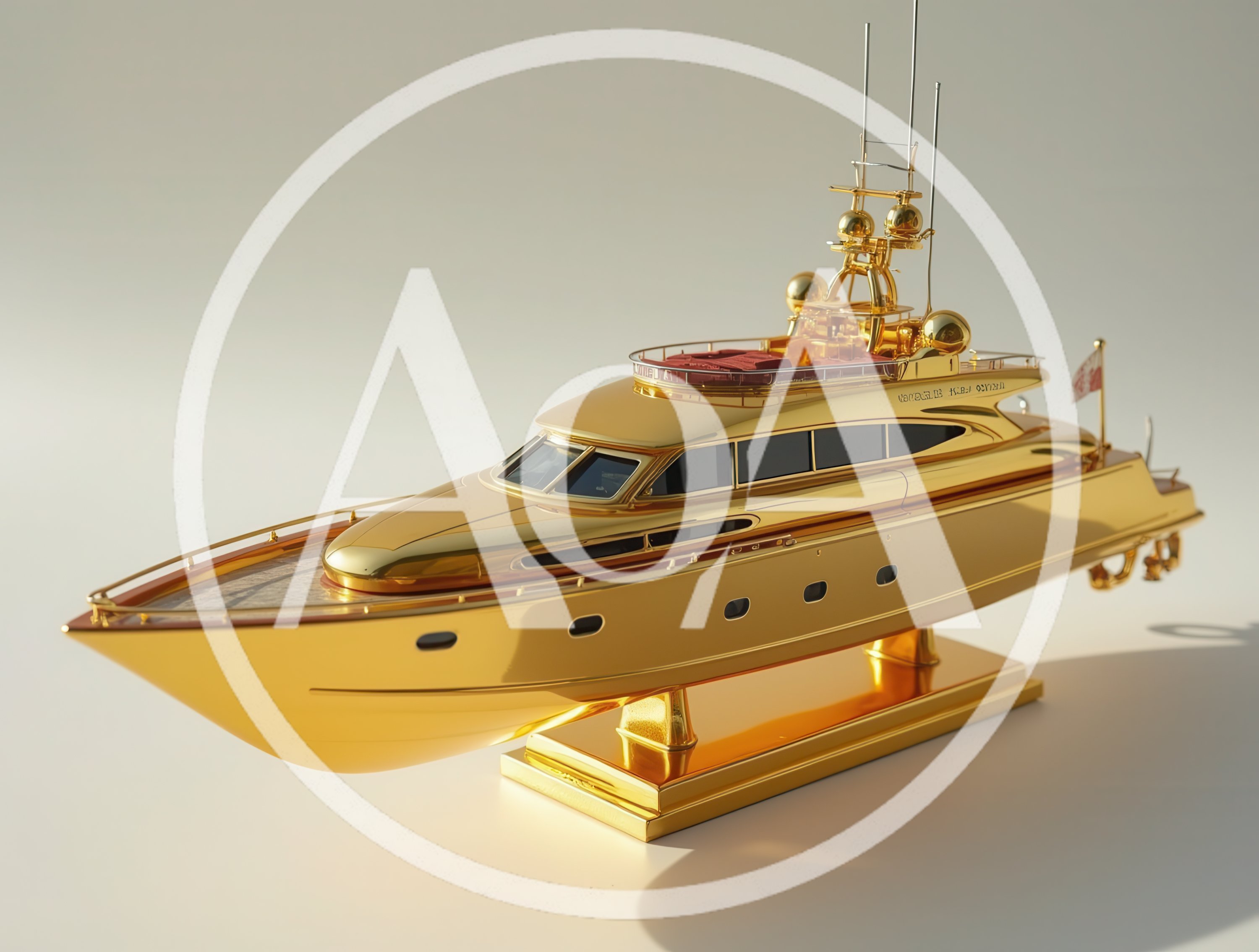 Golden Yacht Model On Display Stand