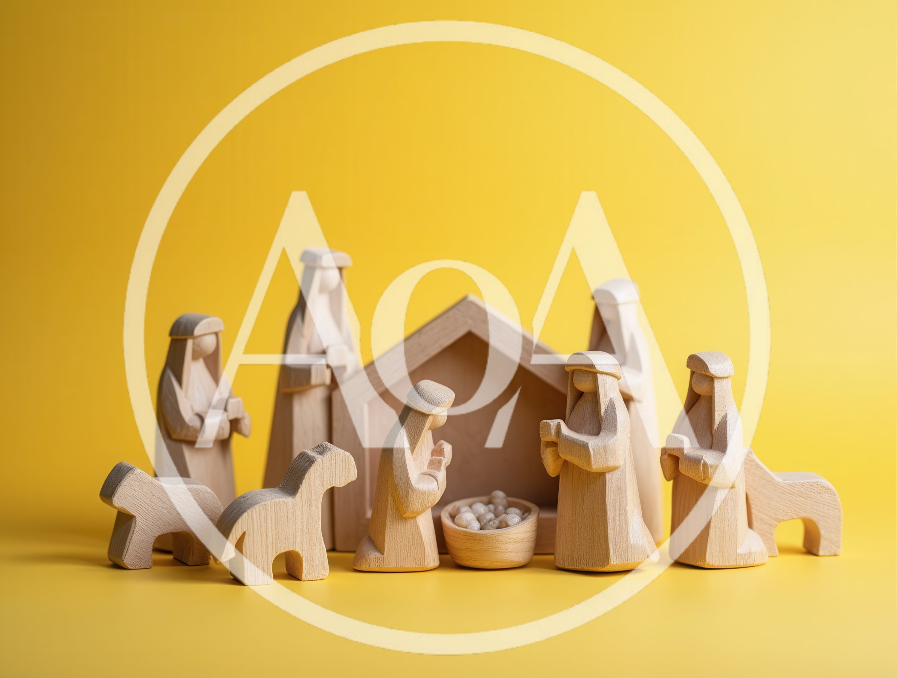 Wooden Nativity Scene Figurines On Yellow Background