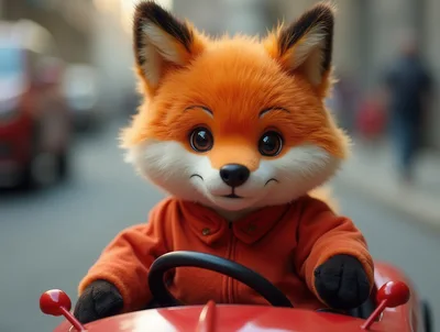 Cute Cartoon Fox Driving A Red Toy Car