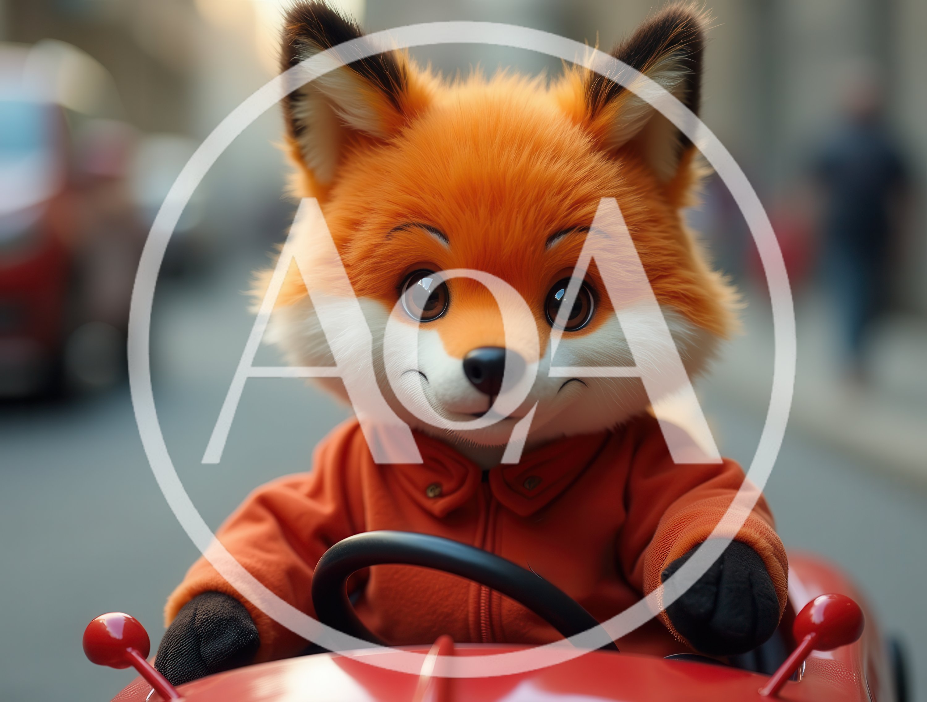 Cute Cartoon Fox Driving A Red Toy Car