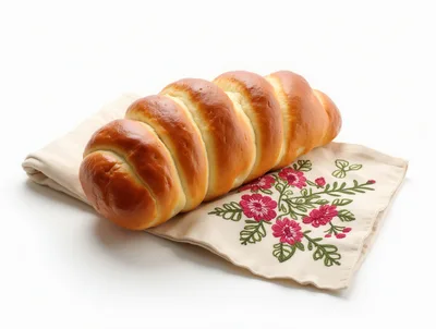 Freshly Baked Braided Bread Loaf on Embroidered Napkin