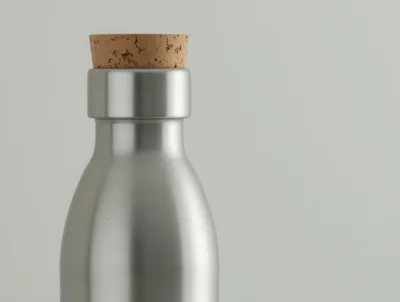 Close Up Of A Brushed Metal Bottle With Cork Stopper