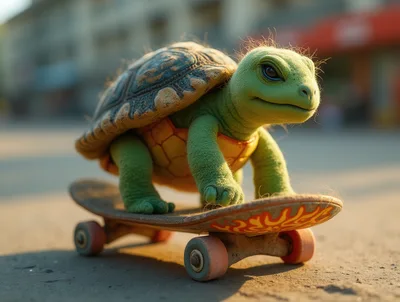 Cute Green Turtle Riding A Skateboard