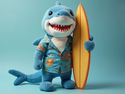 Plush Shark Toy Wearing Hawaiian Shirt Holding Surfboard