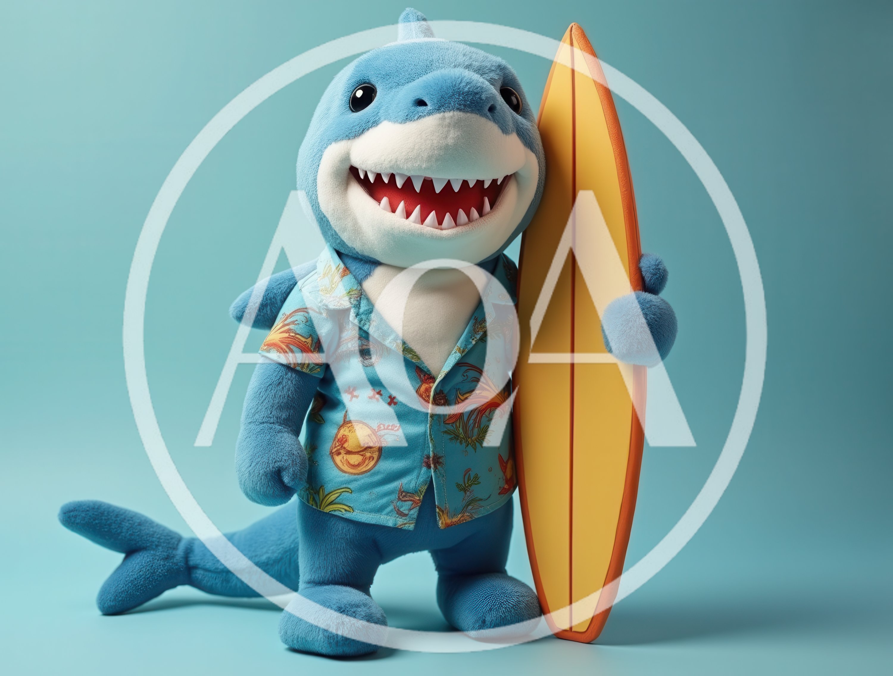Plush Shark Toy Wearing Hawaiian Shirt Holding Surfboard