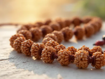Rudraksha Mala Beads Resting On A Textured Surface