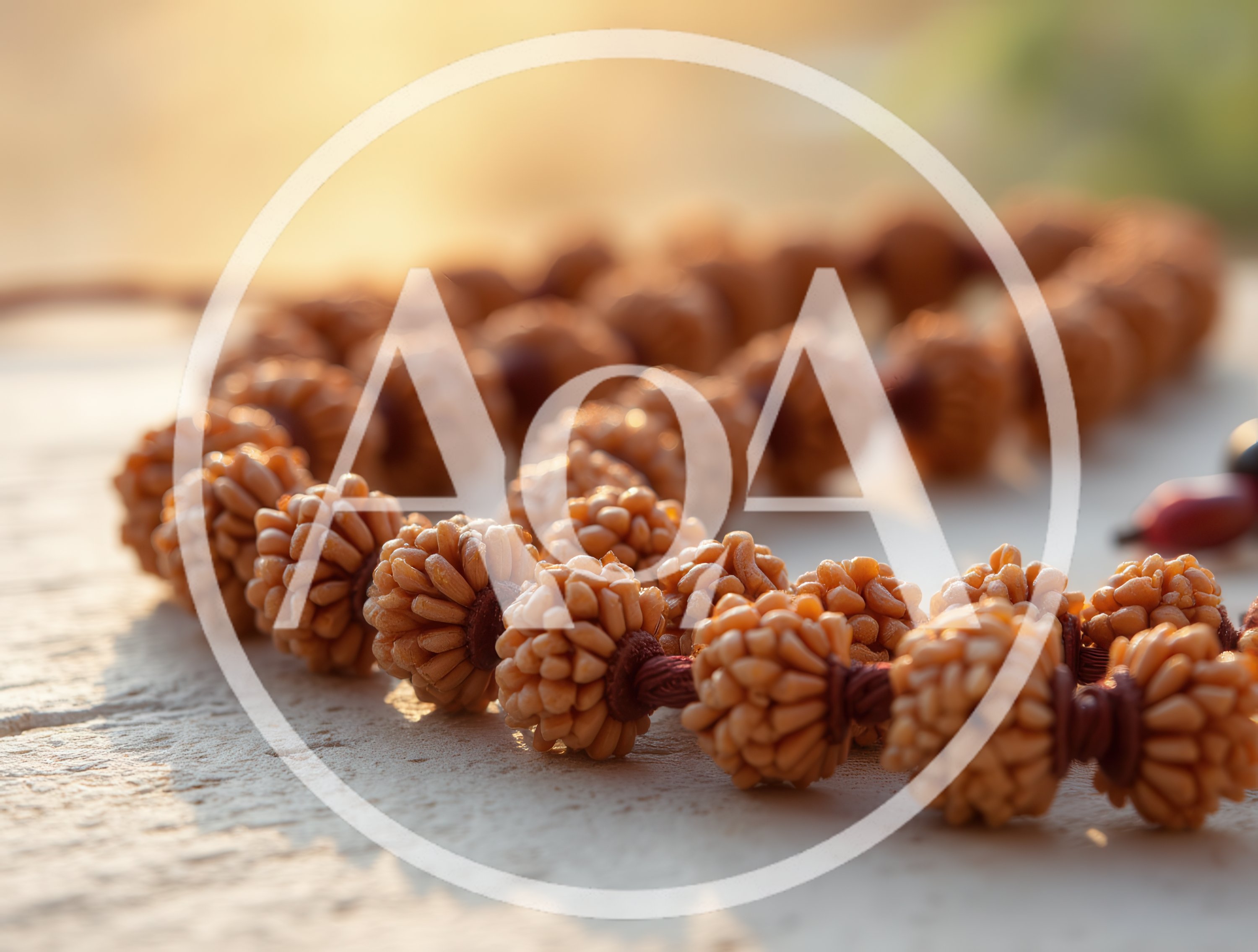 Rudraksha Mala Beads Resting On A Textured Surface