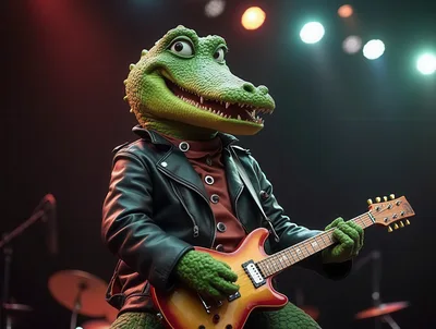 Anthropomorphic Crocodile Playing Electric Guitar On Stage