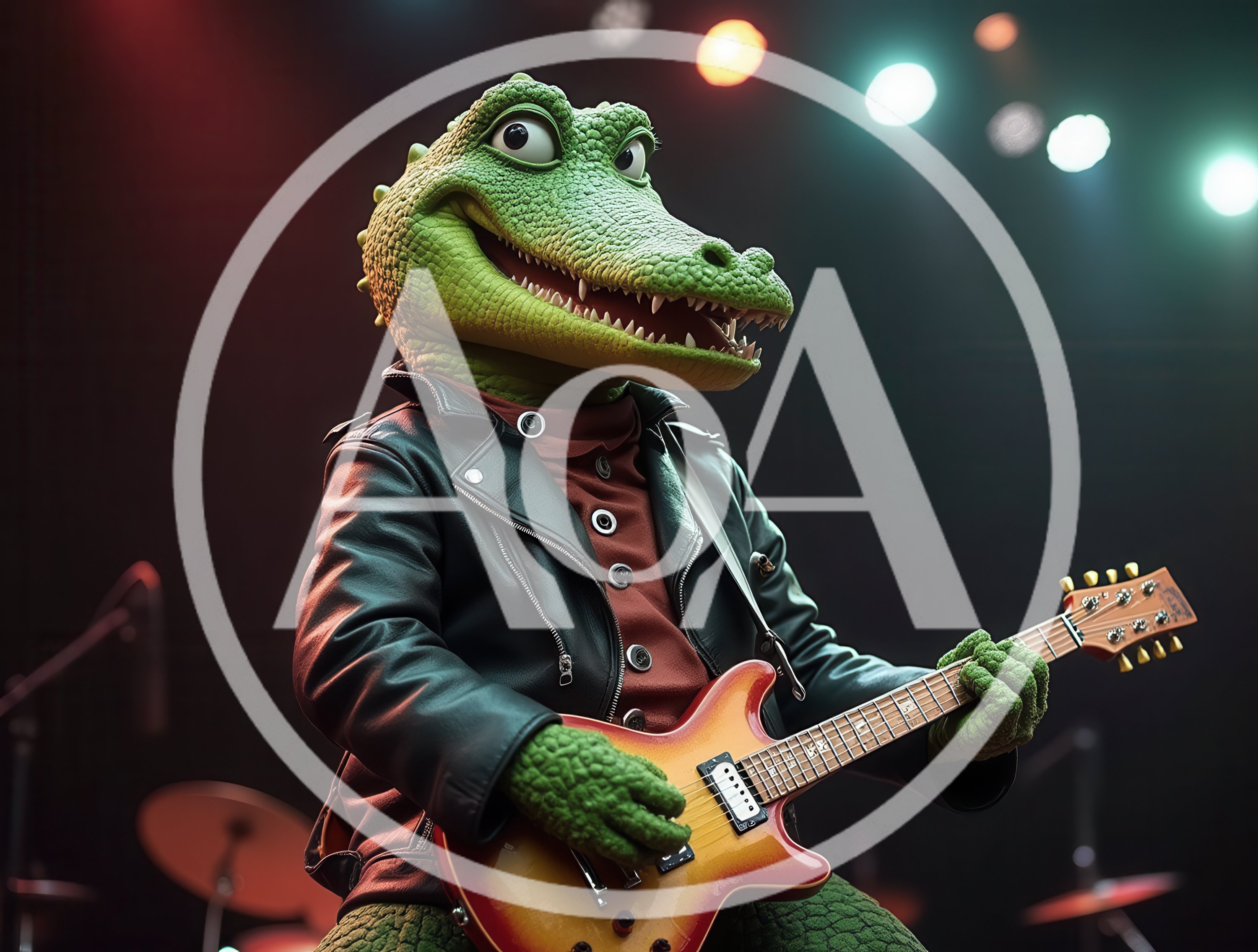 Anthropomorphic Crocodile Playing Electric Guitar On Stage