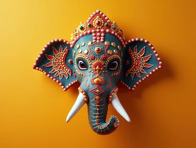 Decorative Ganesha Elephant Mask On Yellow Background