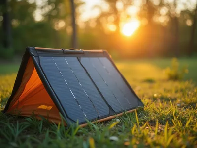 Portable Solar Panel Charging In A Grassy Field