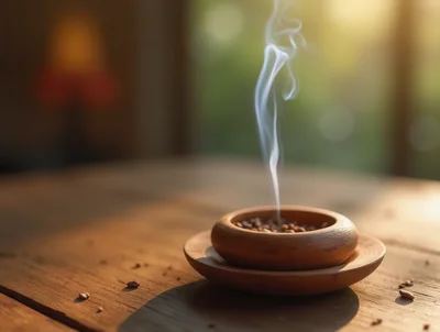 Steaming Wooden Bowl Of Coffee Beans
