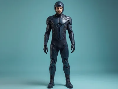 Futuristic Superhero Standing In Tactical Armor Suit