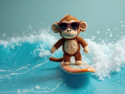 Plush Monkey Toy Surfing On A Wave