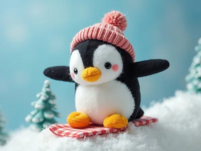 Plush Penguin Toy Snowboarding on Red Gingham Board