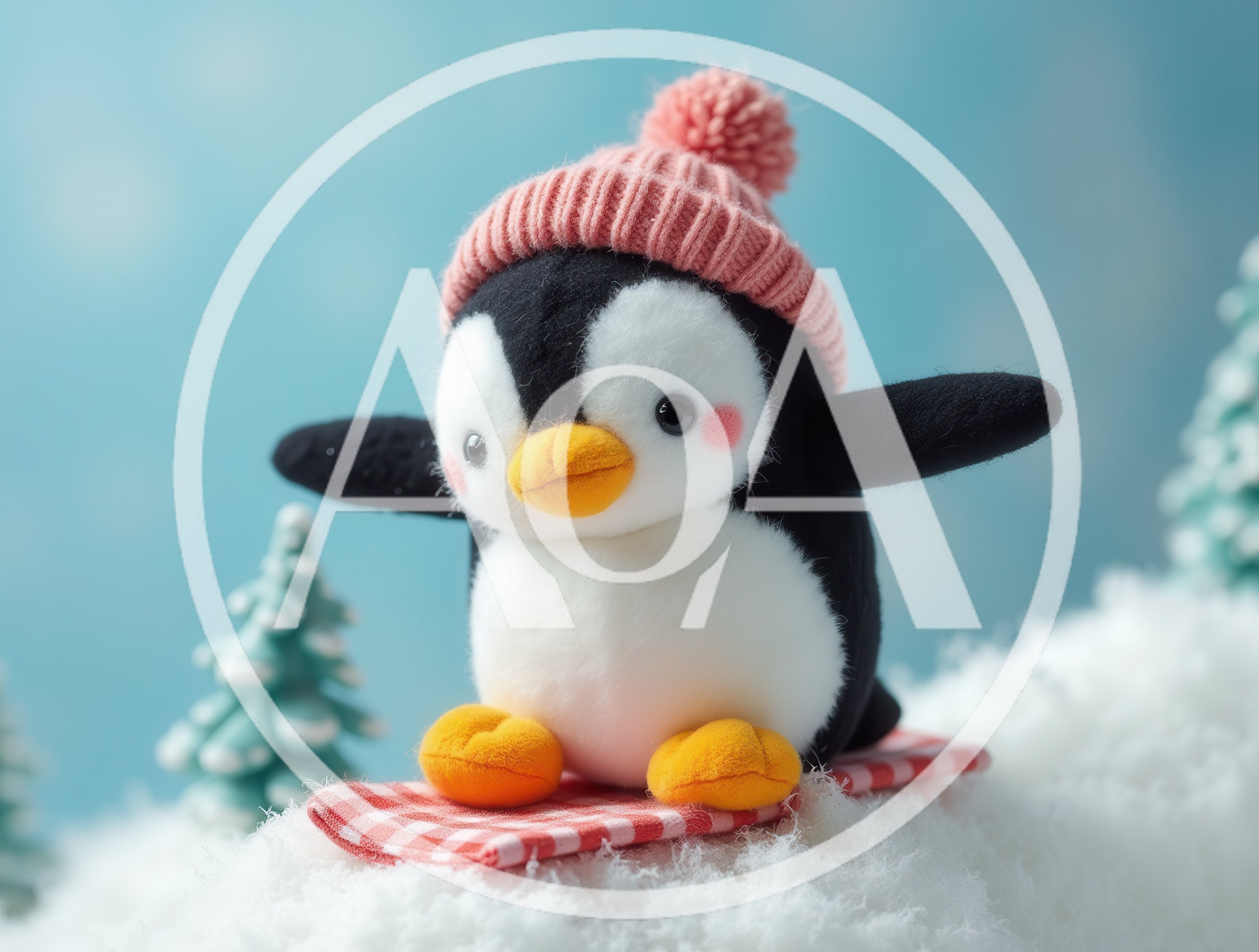 Plush Penguin Toy Snowboarding on Red Gingham Board