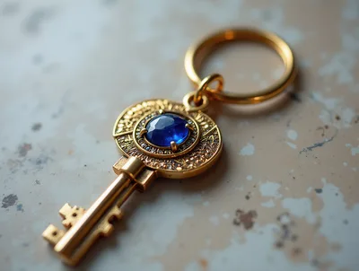 Ornate Gold Key With Blue Gemstone Keychain