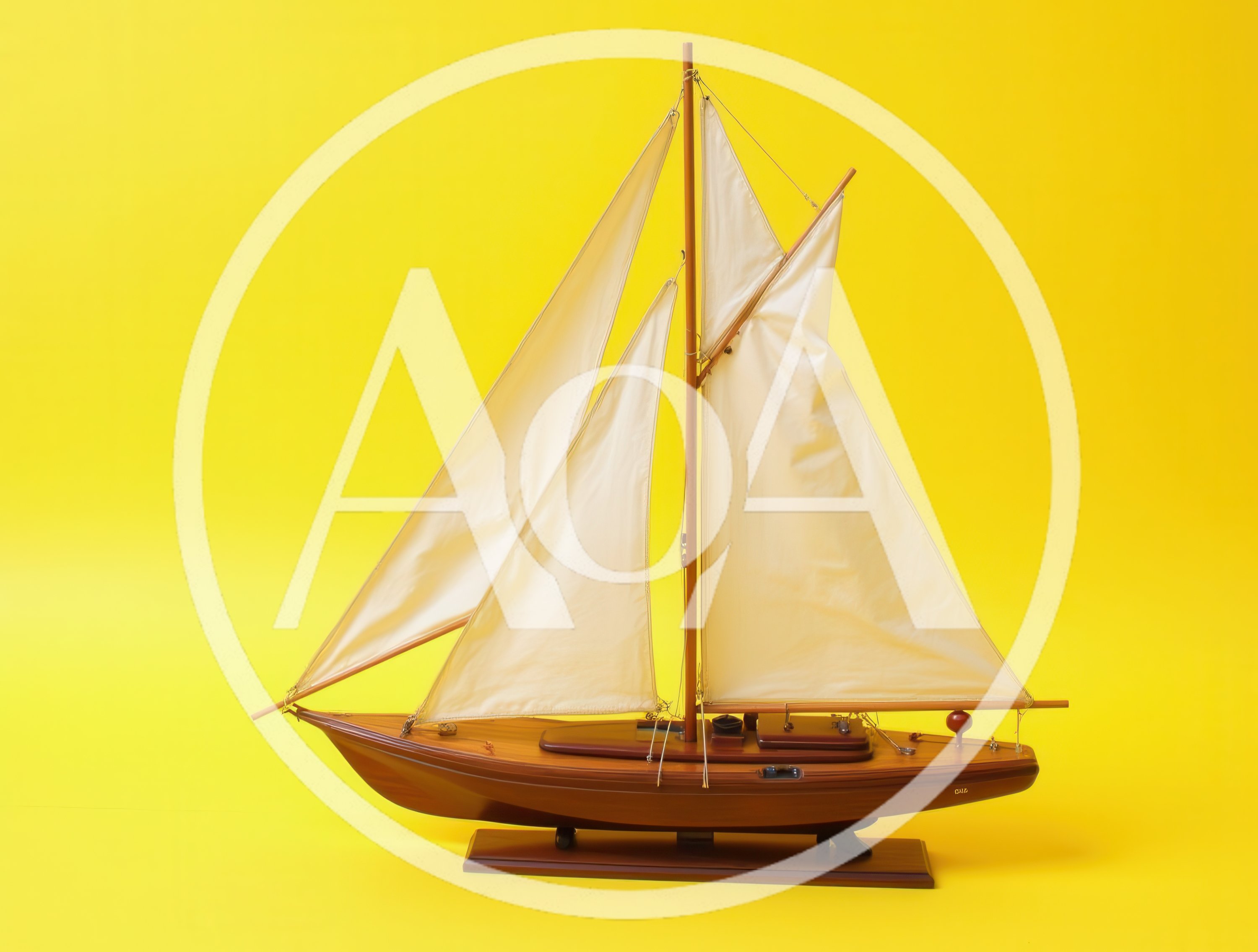 Wooden Model Sailboat Against A Bright Yellow Background