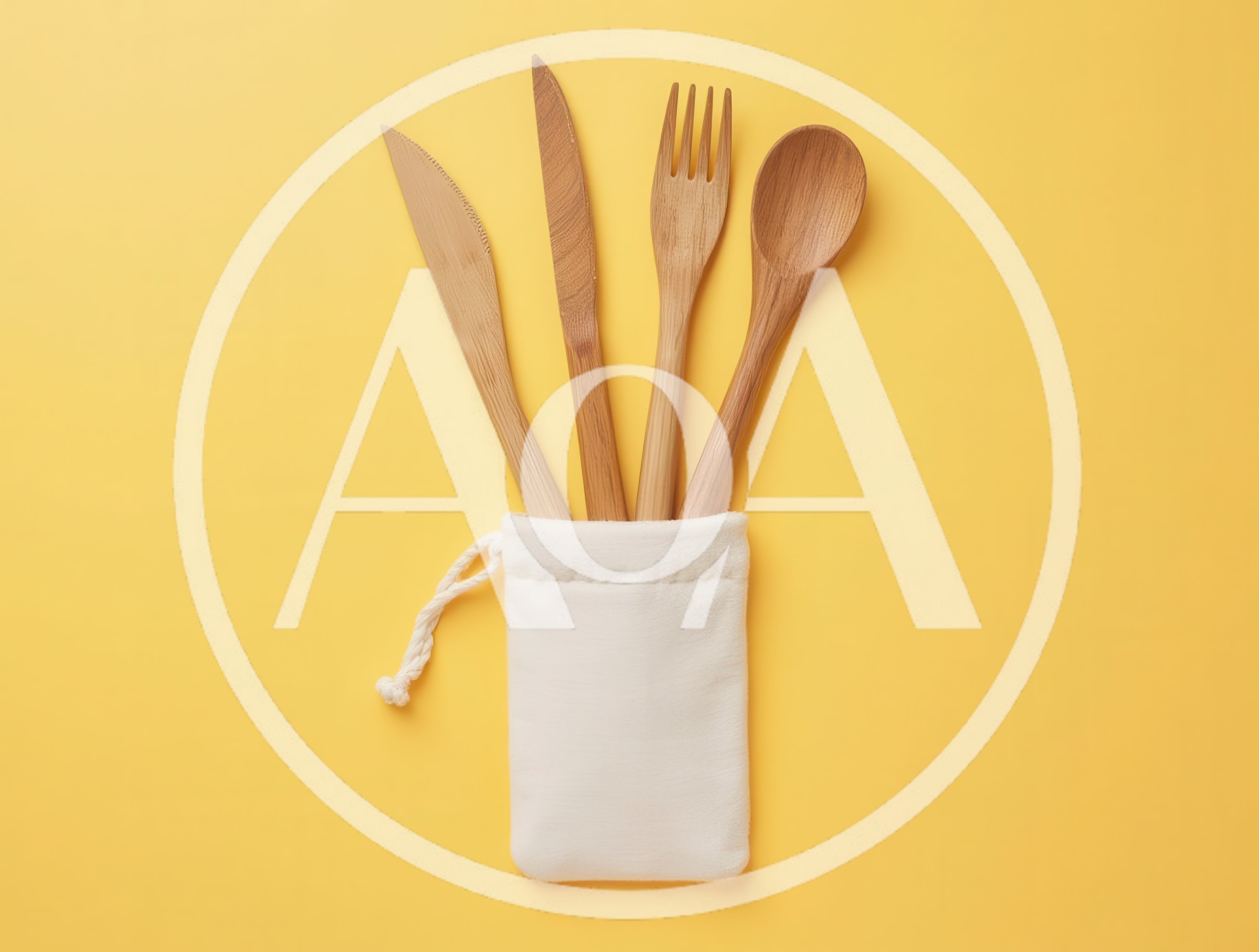 Wooden Cutlery Set in White Fabric Pouch