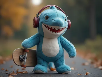 Plush Shark Toy Wearing Headphones Holding A Skateboard