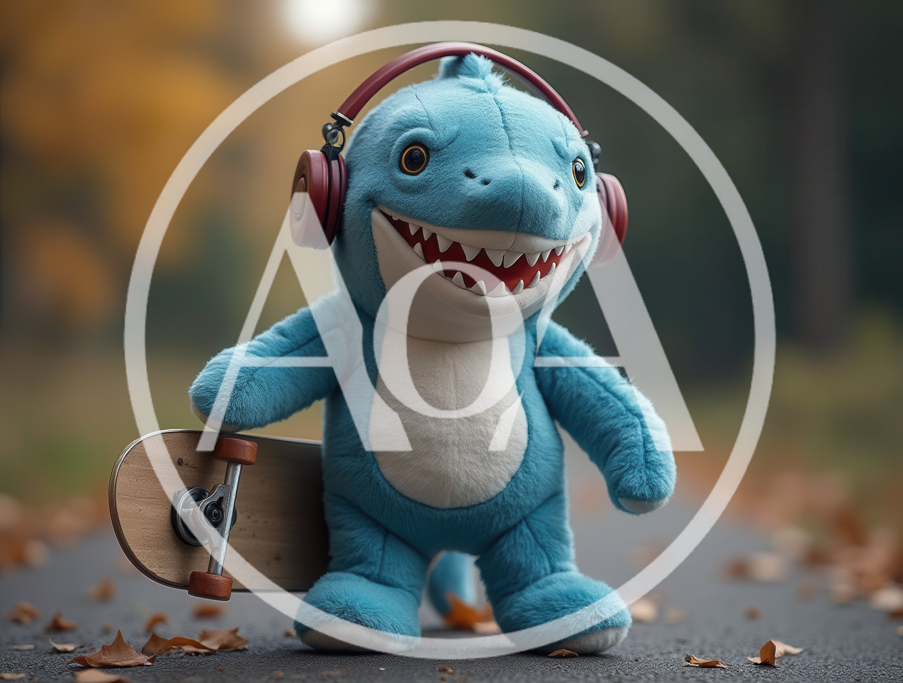Plush Shark Toy Wearing Headphones Holding A Skateboard