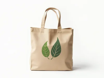 Beige Canvas Tote Bag With Green Leaf Design