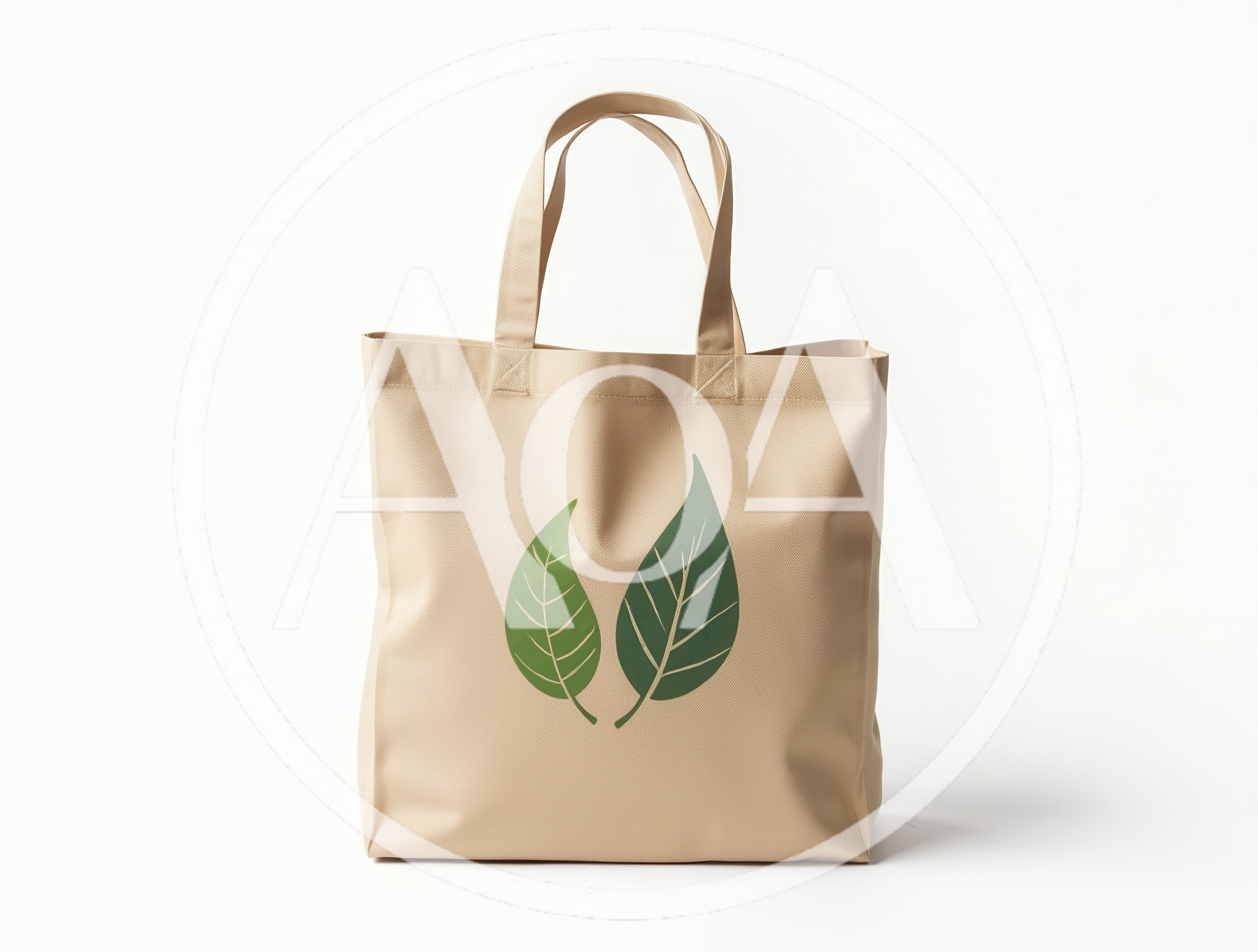 Beige Canvas Tote Bag With Green Leaf Design