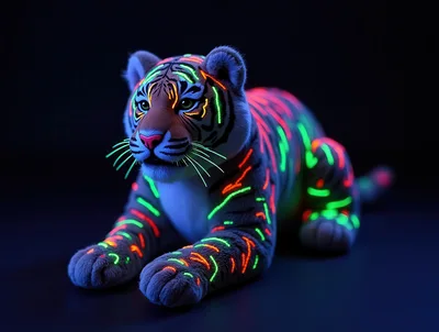 Neon Glowing Tiger Cub in Dark Studio