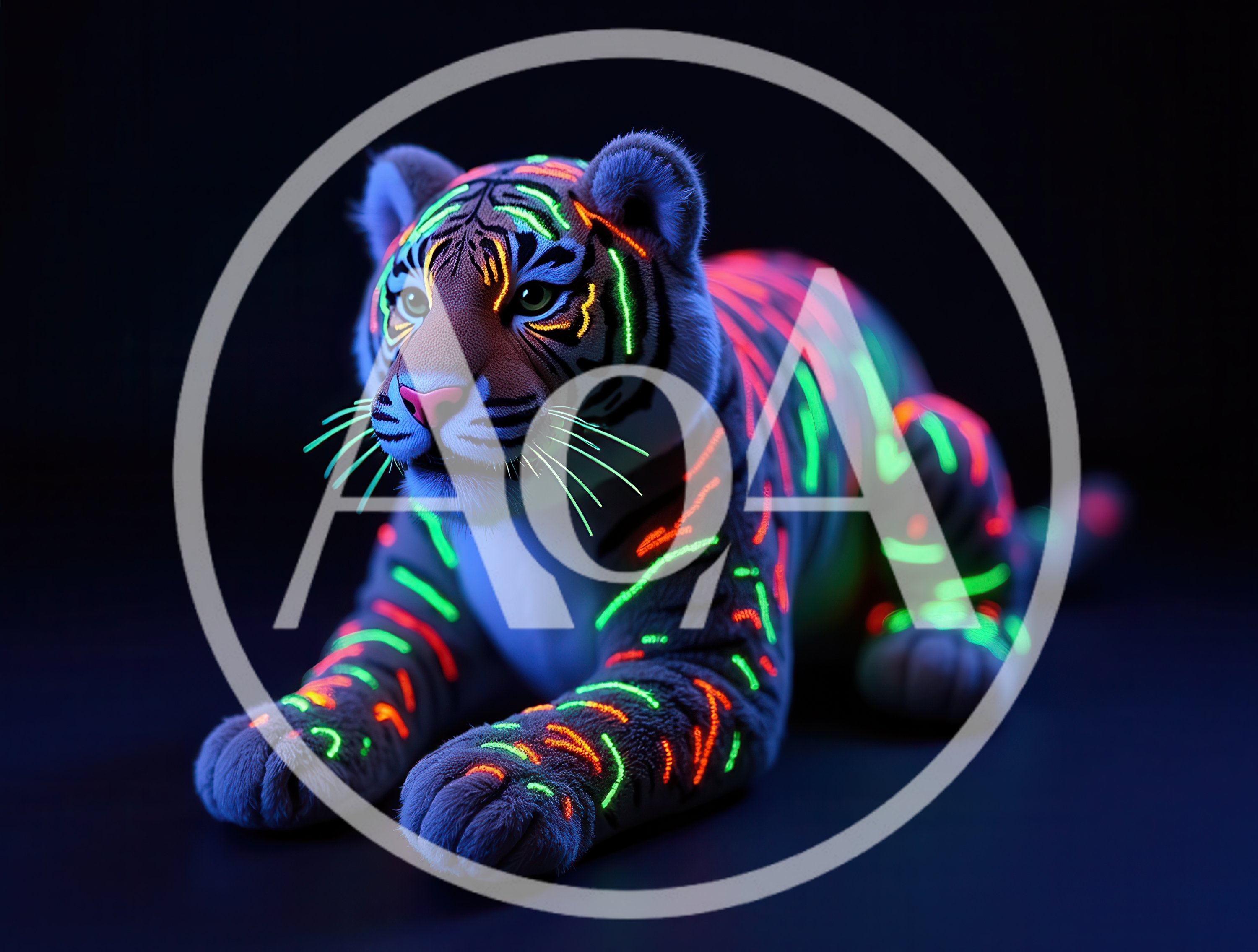 Neon Glowing Tiger Cub in Dark Studio