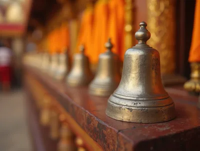 Row Of Brass Prayer Bells In Buddhist Temple