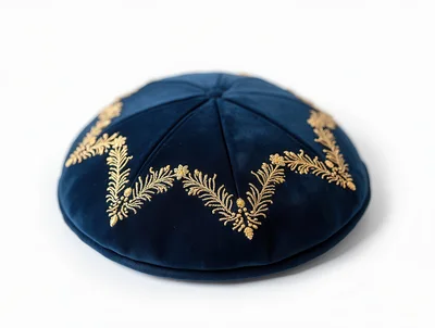 Blue Velvet Kippah With Gold Embroidery