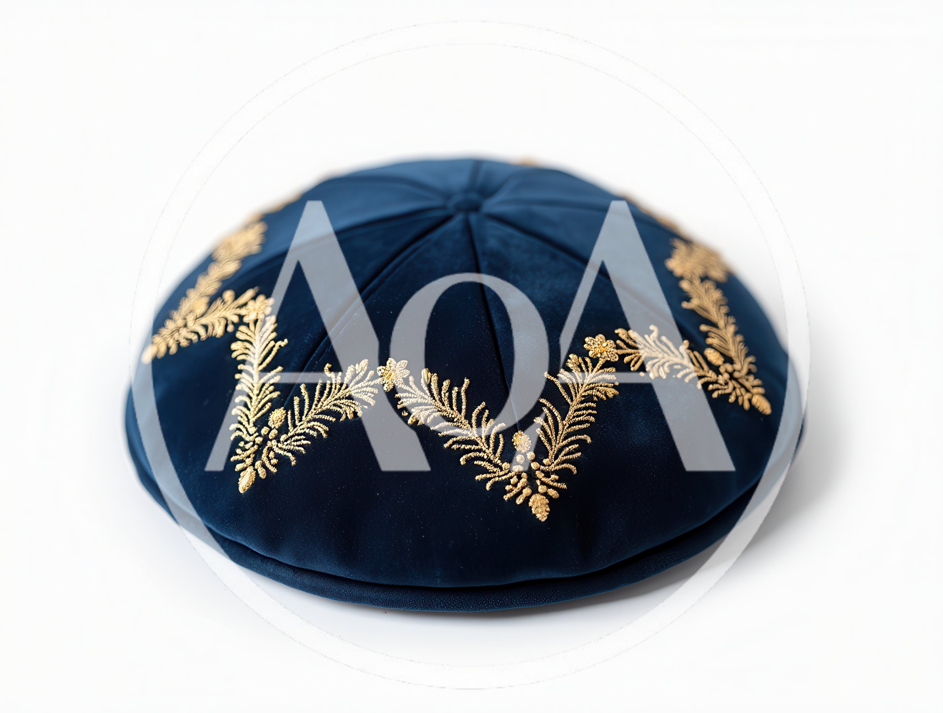 Blue Velvet Kippah With Gold Embroidery