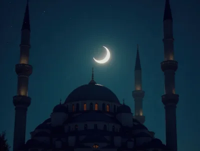 Crescent Moon Above A Mosque At Night