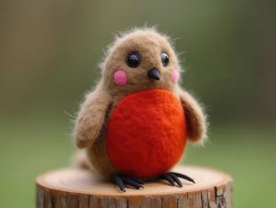 Needle Felted Robin Bird Figurine On Tree Stump
