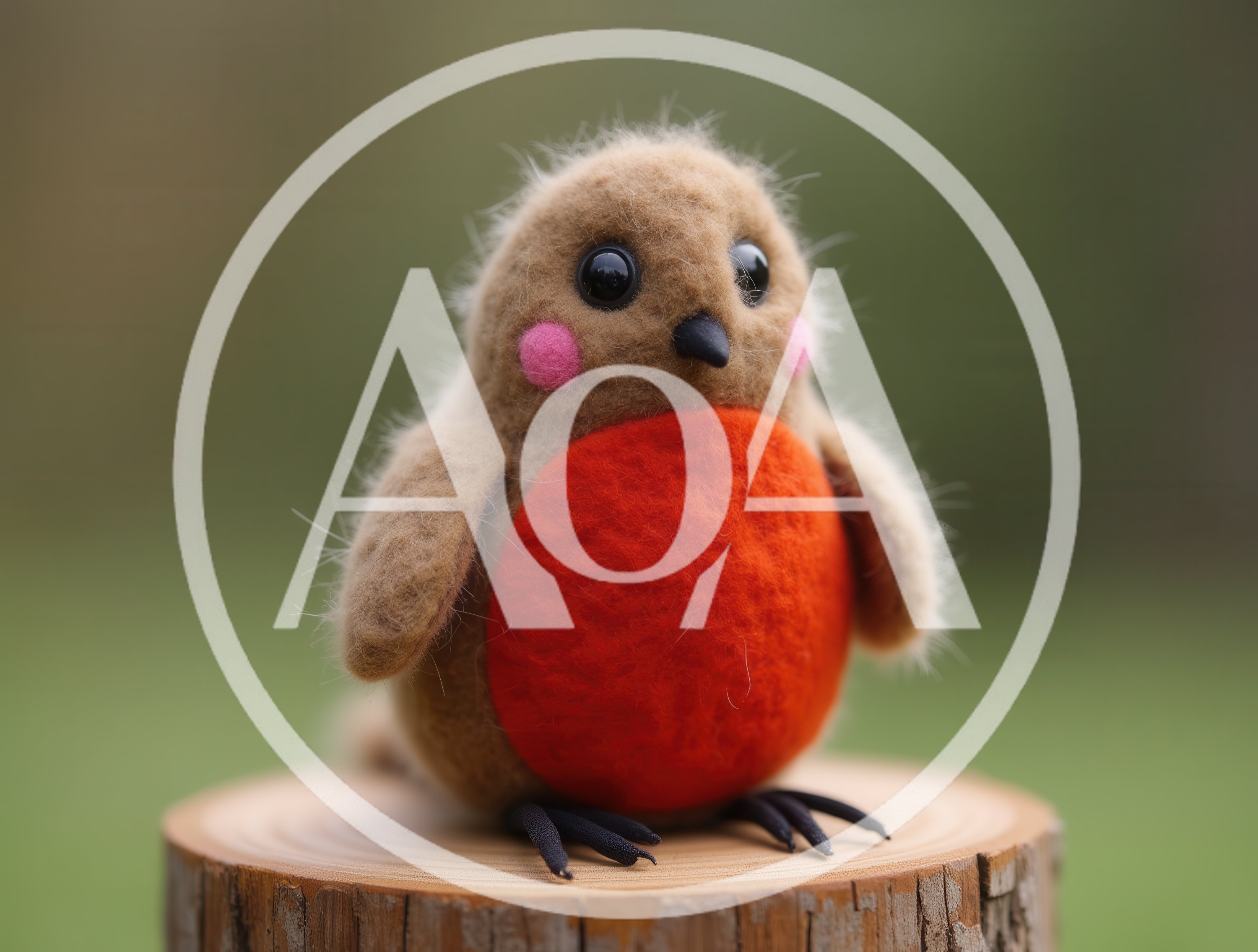 Needle Felted Robin Bird Figurine On Tree Stump