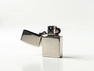 Open Silver Metal Lighter on White Background