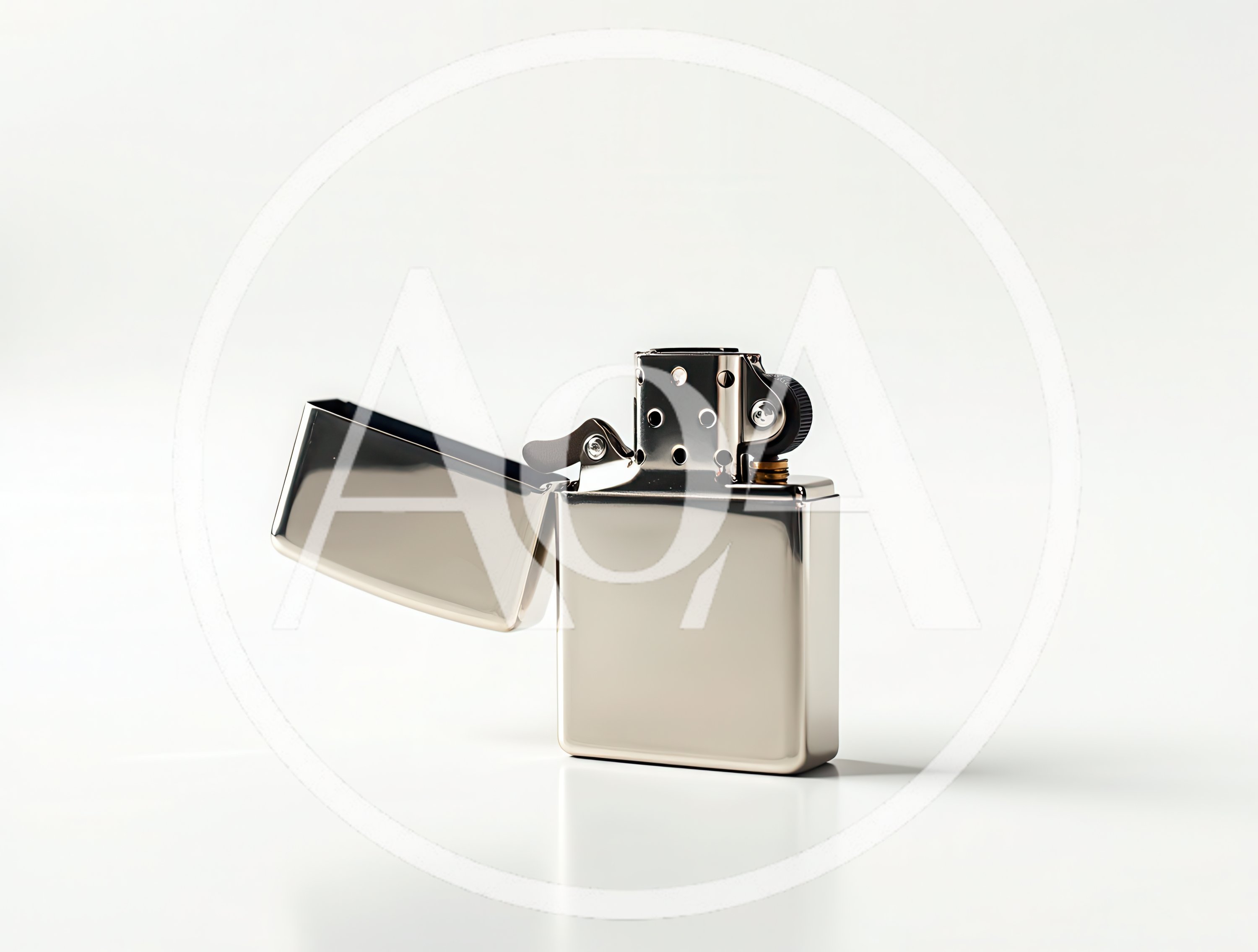 Open Silver Metal Lighter on White Background