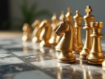 Golden Chess Pieces Arranged on a Marble Board