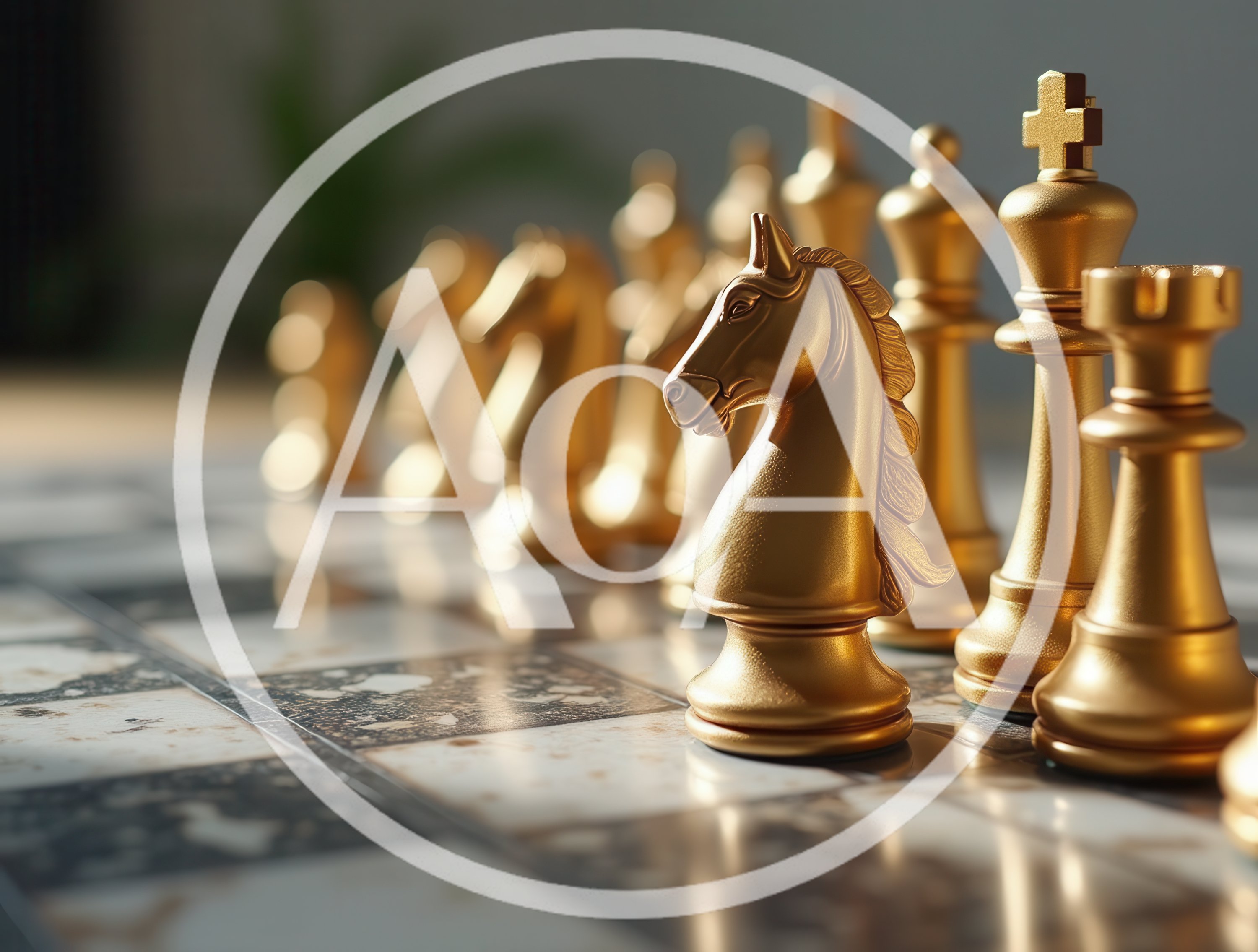 Golden Chess Pieces Arranged on a Marble Board