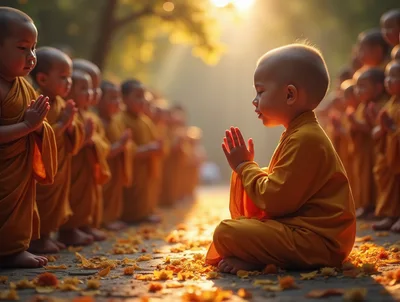 Young Buddhist Monks Praying In A Golden Temple Courtyard